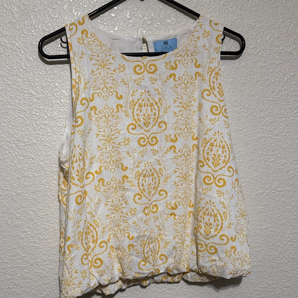 CeCe White Tank Top with Yellow Scroll Print
